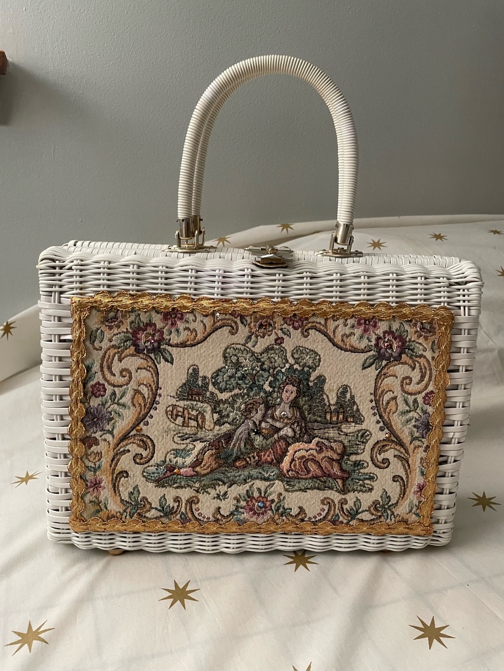 Vintage Charming By Atlas White Wicker Handbag features Petit Point Tapestry